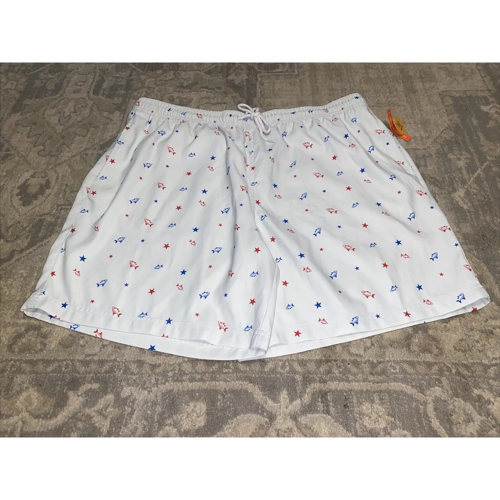 Magellan Fish Gear Mens Pull On Shorts Sz XL fish Print White Red Blue Lined New